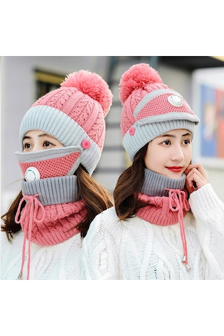 Kosona Kışlık Kadın Triko Şapka Seti: Yünlü Kalın, Soğuk Ve Rüzgar Engeli, Nefes Valfi, Bisiklet Sürerken Kullanıma Uygun, Pembe