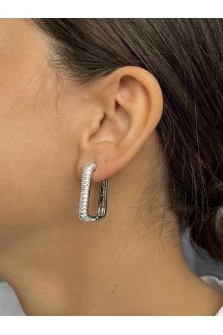 Gümüş Renkli Taşlı Dikdörtgen Küpe