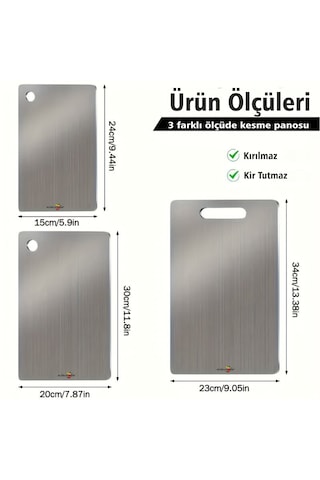 3lü Üçlü 0,3 Mm Paslanmaz Çelik Krom Meyve Sebze Hamur Kesme Doğrama Yoğurma Panosu Tahtası Tezgahı Gümüş