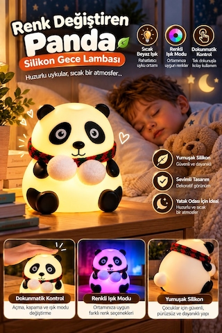 Renkli Işık Modlu Silikon Panda Gece Lambası Dokunmatik Kontrollü Sevimli Dekoratif Diğer