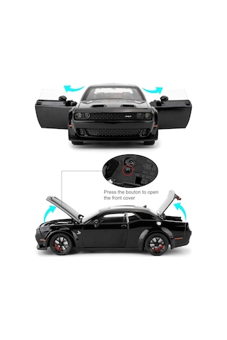 Dodge Challenger Srt 1:24 Diecast Metal Araba Koleksiyon Sesli Işıklı Siyah