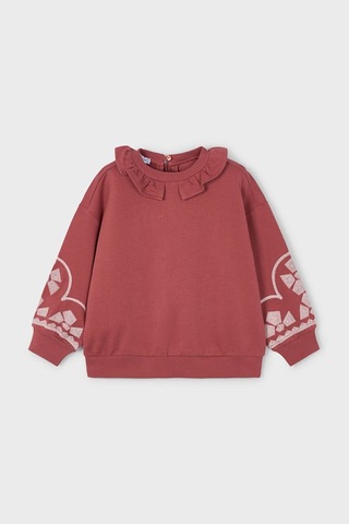 Kız Çocuk Fırfır Yaka Kolları Nakışlı Sweatshirt - Gül Kurusu KREM