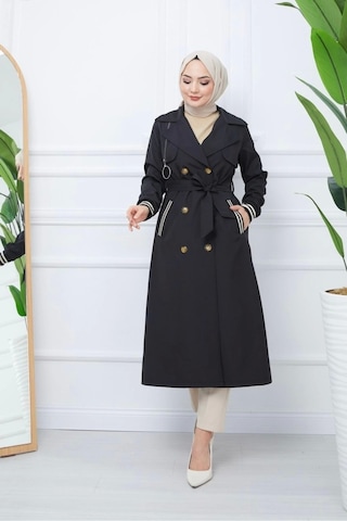 Bondit Kumaş Ribanalı Uzun Boy Trençkot / Siyah - M0110 Siyah