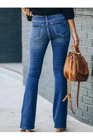 Modaserdem Kadın Yüksek Bel Önden Düğmeli Cep Detay Ispanyol Paça Denim Pantolon Mavi