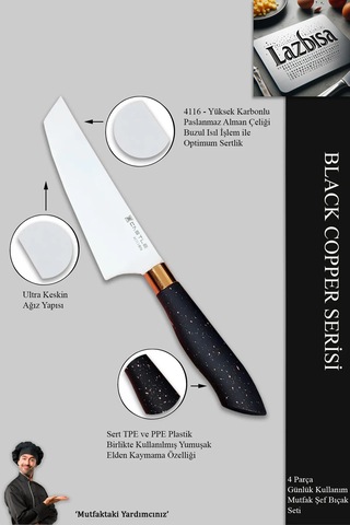 Black Copper Serisi Mutfak Bıçak Et Sebze 4 Lü Şef Bıçağı Mft-854 Siyah