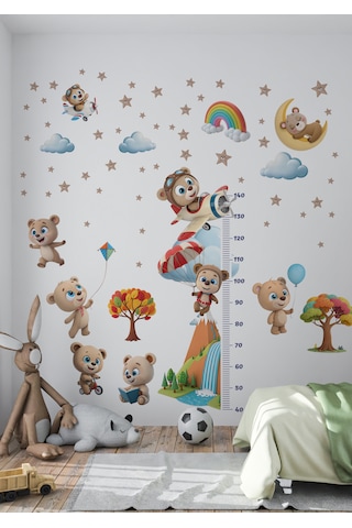 Sevimli Ayıcık Temalı Boy Ölçerli Duvar Sticker Seti - Mat, Sökülebilir, Çocuk Odası Dekoru 010 - Mat Beyaz