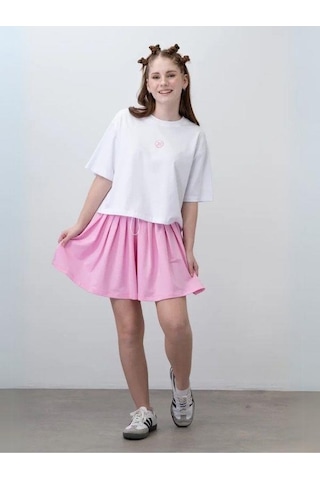 Zekids Kız Çocuk Pileli Şort T-shirt Tasarım Takım-15778 Beyaz