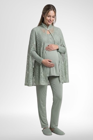 Mecit Pijama Mecit 6402 Kadın Yeşil Dantel Pelerin Hamile Lohusa Pijama Takımı