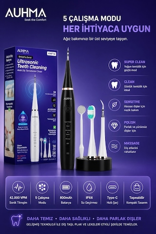 Ultrasonic Şarjlı Elektrikli Akıllı Diş Temizleme Cihazı Beyazlatıcı 5 Mod 3+1 Başlık, Ipx8 Su Geçirmez Siyah