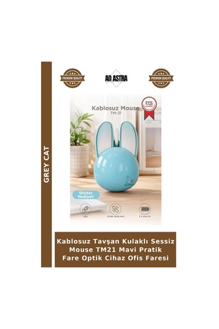 Kablosuz Tavşan Kulaklı Sessiz Mouse Tm21 Mavi Pratik Fare Optik Cihaz Ofis Faresi Kablosuz Fare