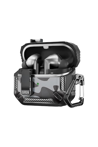 Galaxy Buds 3 Pro, Buds 3 Ve Buds 3 Fe İle Uyumlu Mandallı Kapak Kilit Sistemli Mat Dokulu Darbelere Dayanıklı Kamuflaj Silikon Kılıf Siyah