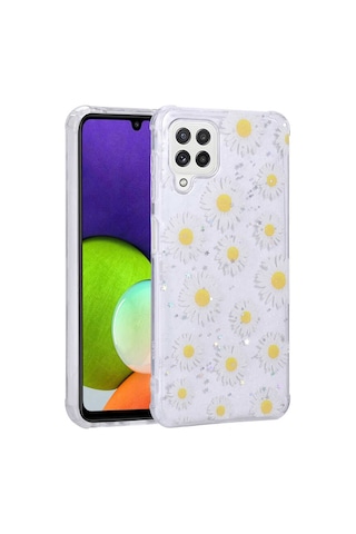 Zore Samsung Galaxy Uyumlu A22 4g Kılıf Simli Desenli Kamera Korumalı Parlak Omsy Popy Kapak - Çiçek