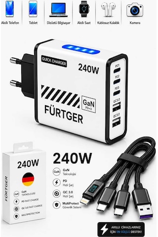 Fürtger German Frt-20w B 3 Type-c + 2 Usb-a Toplam 5 Çıkışlı + 20w Şarj Aleti + 4 Başlıklı Şarj Kablosu Fürtger German Frt-20w B 3 Type-c + 2 Usb-a Toplam 5 Çıkışlı + 20w Şarj Aleti + 4 Başlıklı Şarj Kablosu