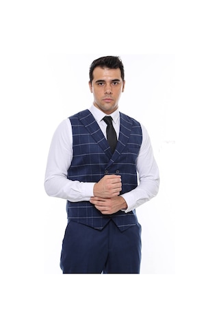 Wessi Kruvaze Yakalı Kareli Desenli Mavi Erkek Yelek 001