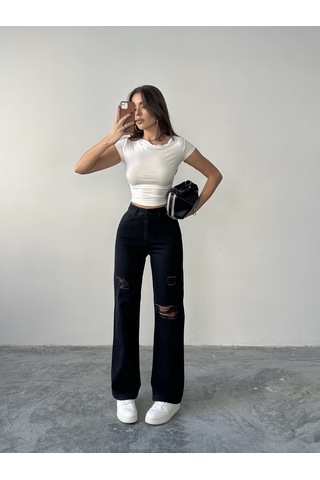 Blue Marlin Kadın Lazer Yırtık İşlemli Boyfriend Kot Bol Paça Pantolon Siyah