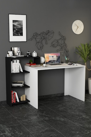 Moonlife Ahsen Kitaplıklı Çalışma Masası Beyaz Siyah Beyaz