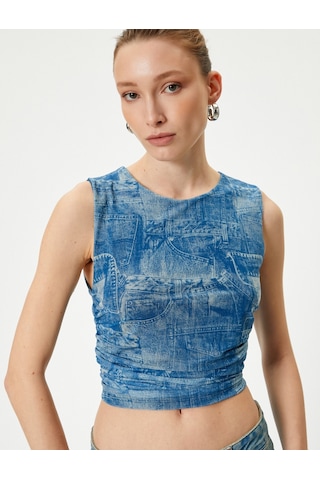 Koton Denim Görünümlü Üst Crop Büzgülü Bisiklet Yaka Mavi Desenli 4sak10354ek Mavi