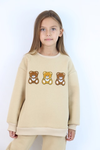 Kız Çocuk 3'lü Ayıcık Nakışlı 3 İplik Oversize Şardonlu Takım Ekru