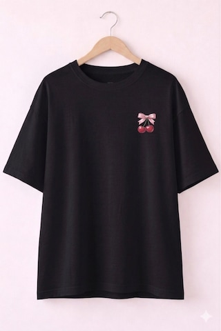 Minimal Kiraz Desenli Baskılı T-shirt Siyah