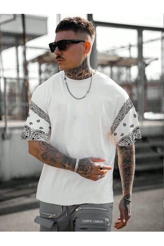 Altamira Erkek Duman Gri Kol Desenli Oversize T-shirt 001