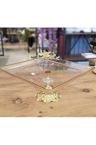 Elta Collection Gold Kelebek Detaylı Şık Ayaklı Kare Sunumluk Ikramlık Kurabiyelik Şeffaf