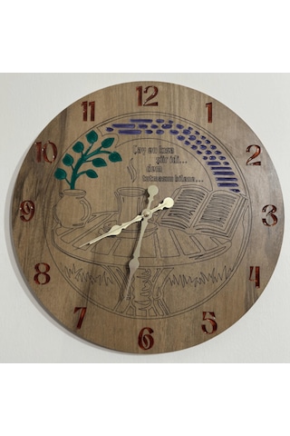 Ahşap Desen Duvar Saati - Çay Bir Şiir İdi - Epoksi Reçine Kaplamalı - 40 Cm Ahşap