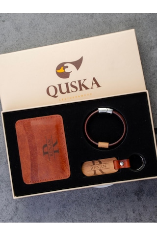 Quska Kişiye Özel İsimli El Yapımı Hakiki Deri Kiremit Kartlık+anahtarlık+bileklik Set - Grain Minimal Kahverengi
