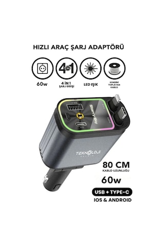 60 Watt Araç İçi Çakmaklık Süper Fast 4 Cihazı Aynı Anda Hızlı Şarj Led Tavan Aydınlatma 3.4a
