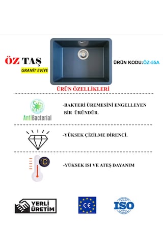 Öztaş ÖZ-43a Granit Mutfak Eviye Antrasit Tek Gözlü 43 x 55 CM