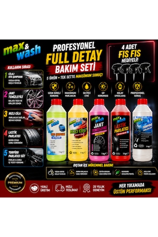 Max&wash 5'li Profesyonel Full Detay Bakım Seti Cilalı Oto Şampuan + Hızlı Cila + Jant Temizleyici + Lastik Parlatıcı + Torpido Parlatıcı 4 Fıs Fıs Hediyeli