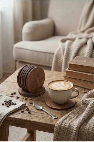 Kahve Temalı 6 Lı Ahşap Bardak Altlığı Seti Espresso/latte/cappuccino/mocha/americano/macchiato Koyu Çeviz