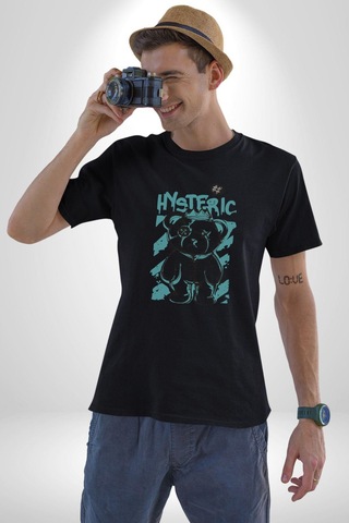 Histerik Unisex Unisex Siyah Organik Baskılı T-shirt Penye Yüksek Kalite Siyah