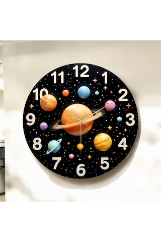Renkli Baskı Gezegen Ve Uzay Desenli Sayılı Hediyelik Ahşap Sessiz Çocuk Duvar Saati 50cm ÇOk Renkli
