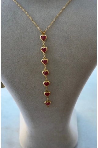 Kadın Gold Renk Zirkon Taşlı Kalpli Y Model Kolye 45 Cm Pembe
