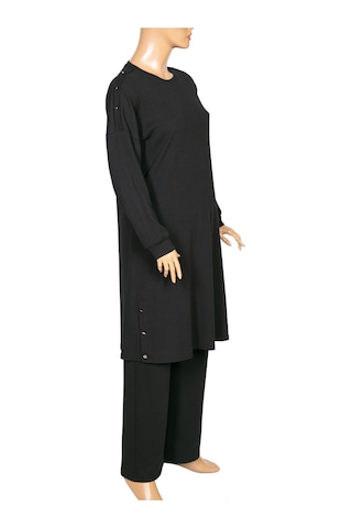 Hesna Kadın Benan Fitilli Düğmeli Spor Siyah Tunik Pantolon Takım Siyah