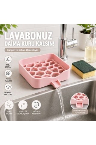 Lavabo Üstü Sünger Ve Sabun Düzenleyici Drenajlı Mutfak Lavabo Organizeri Petek Tasarımlı Pembe