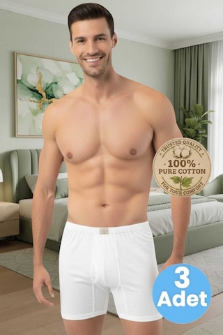 Uniquetrenders Erkek %100 Pamuklu 3'lü Süprem Kumaş Penye Boxer Beyaz