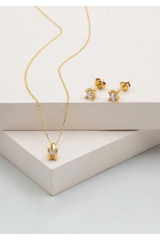 Bilezikci 14 Ayar Klasik Tektaş Altın Kolye Küpeli Set