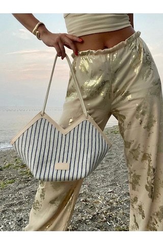 Glemix Joyce Mavi Çizgili Fular Detaylı Asimetrik Kadın Kol Ve Omuz Çantası Mavi Çizgili Kanvas