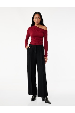Koton Slim Fit Drape Detaylı Uzun Kollu Asimetrik Tek Omuz Tişört Bordo 6wak80016ek Bordo
