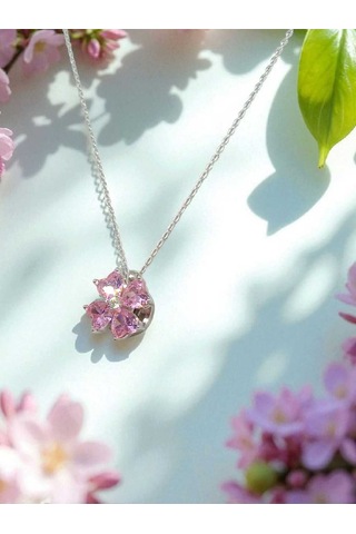 Kalp Kesim Taşlı Dönen Çiçek Figürlü 925 Ayar Gümüş Kolye Hareketli Tasarım Gümüş