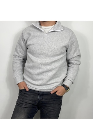 Yarım Fermuarlı Erkek Polar Sweatshirt - Sıcak Tutan , Rahat Kalıp Açık Gri