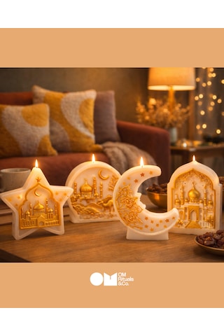 Ramazan Temalı Dekoratif Mum Seti Ay Yıldız Cami Figürlü El Yapımı Soya Wax Mum Altın - Beyaz