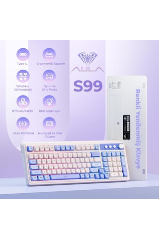 Aula S99 Retro Rgb Gaming 3 Modlu Bluetooth/2.4ghz/usb-c Kablosuz Makrolu Türkçe Q Klavye Mavi