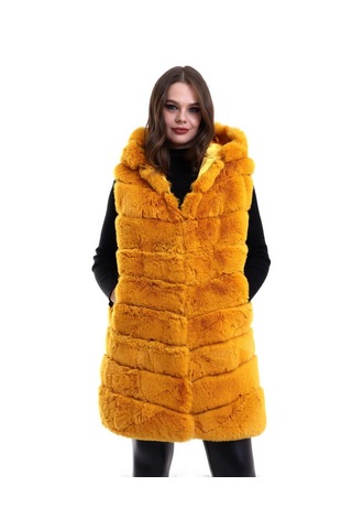 Dogutrend Kapşonlu Peluş Kürk Yelek Premium Kalite, Tam Astarlı, Uzun Model - Sarı