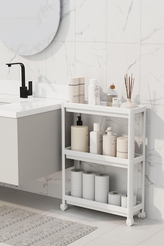 Slim 3 Katlı Tekerlekli Raf Ünitesi - Dar Alanlar İçin Mutfak & Banyo Organizer - Baharatlık & Havluluk Düzenleyic Çok Renkli