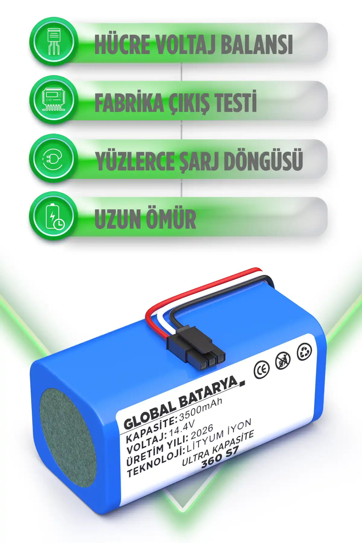 360 S7 Uyumlu Akıllı Robot Süpürge Bataryası 14.4v 3500mah Pil Ultra Kapasite