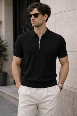 Erkek Fermuarlı Polo Yaka Triko Tişört Slim Fit Dokulu Yazlık Şık Casual Siyah