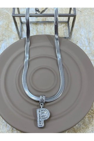 Premium Gümüş Renk Parlak Taşlı 316l Çelik P Harf Kolye 45cm Uzunluk