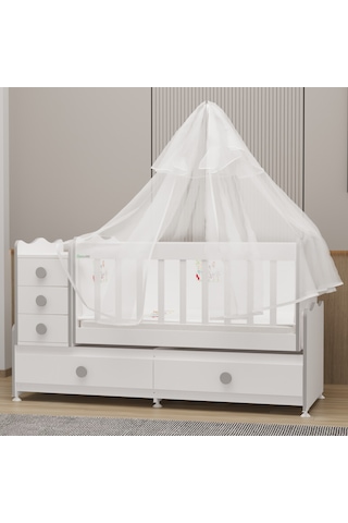 Garaj Home Melina Mdf Çıtalı Beşik + Yatak + Uyku Seti - Gri Beyaz